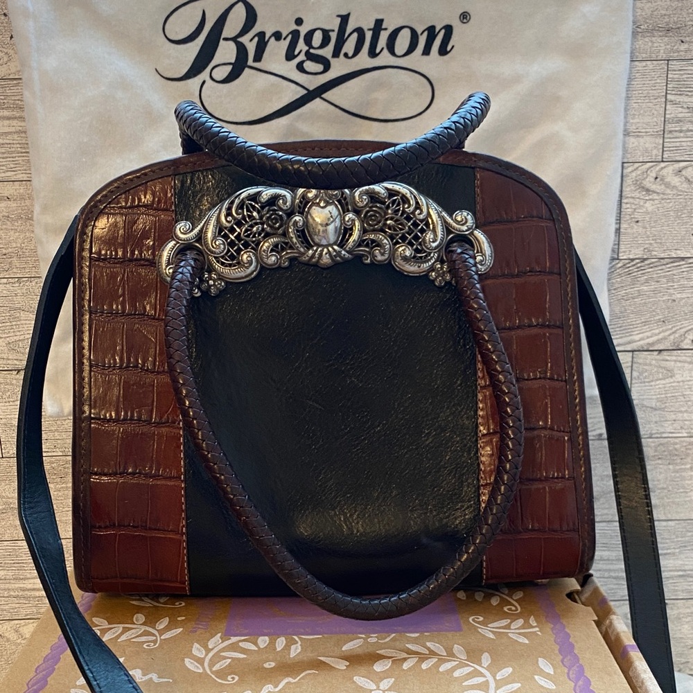 Brighton Chantilly Black and Brown Shoulder Bag with Silver Accent